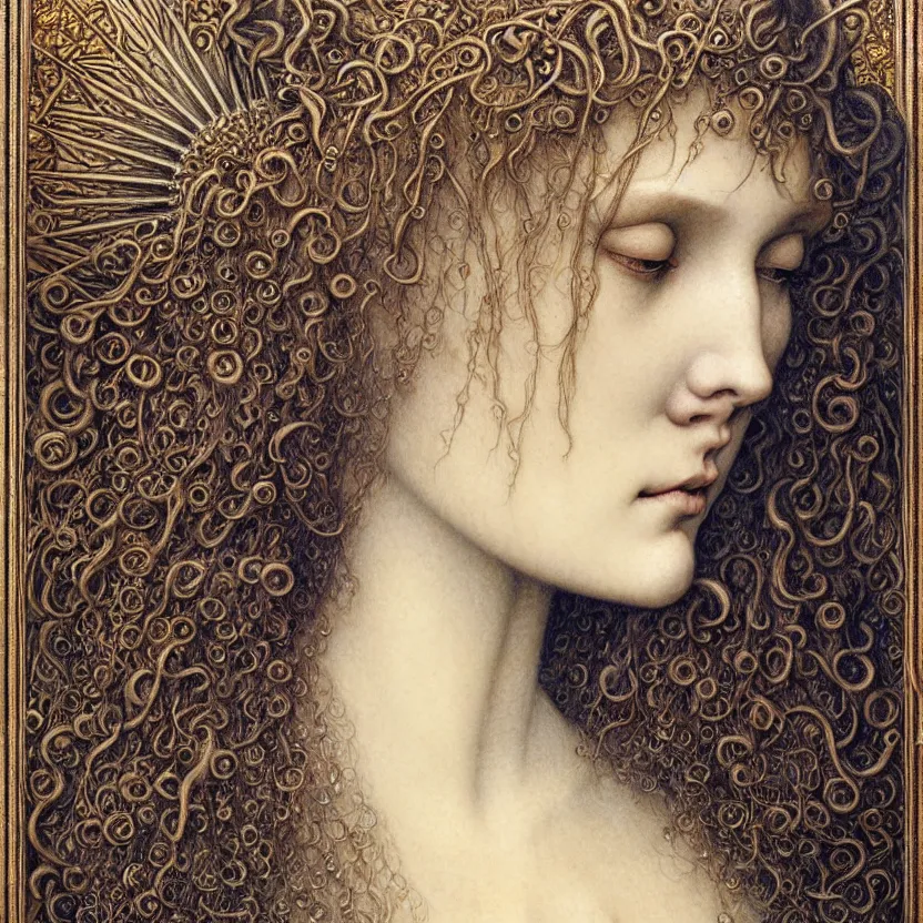 Image similar to detailed realistic beautiful young medieval queen face portrait by jean delville, gustave dore and marco mazzoni, art nouveau, symbolist, visionary, gothic, pre - raphaelite. horizontal symmetry