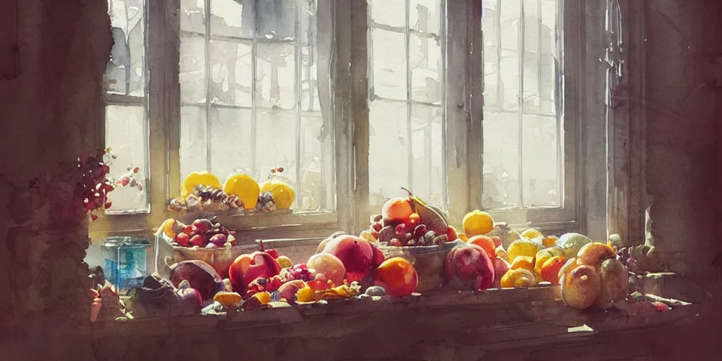 Prompt: a beautiful insanely intricate watercolor illustration of modern fruit still life in the windows, colorfull, by william turner art, by greg rutkowski, by james jean, by rossdraws, by frank franzzeta, by sakimichan, by edmund dulac, trending on artstation, insanely detailed, masterpiece,