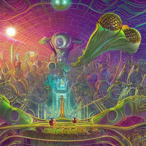 Prompt: alien panoramic village city rave hyper realism octane render airbush art nouveau intricate details by arthur adams, alex grey, lisa frank, syd mead, victo nagi