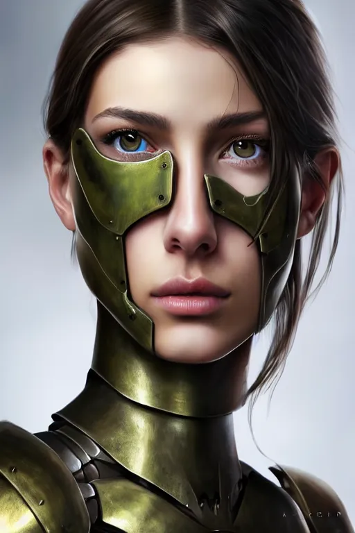 Prompt: a photorealistic painted portrait of an attractive young girl, partially clothed in metal-plated battle armor, olive skin, long dark hair, flawless skin, beautiful bone structure, symmetric facial features, perfect photorealistic eyes, natural physique, intricate, elegant, digital painting, concept art, finely detailed, beautifully illustrated, sharp focus, minimal artifacts, from Metal Gear, by Ruan Jia and Mandy Jurgens and Artgerm and William-Adolphe Bouguerea, trending on Artstation, award winning art