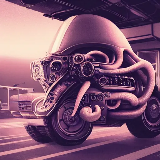 Image similar to portrait of a squid monster astronaut riding in a ford pinto, route 66, full body portrait, well lit, intricate abstract. cyberpunk, intricate artwork, by Tooth Wu, wlop, beeple. octane render, trending on artstation, greg rutkowski very coherent symmetrical artwork. cinematic, hyper realism, high detail, octane render, 8k, minimalistic, hyperrealistic surrealism, award winning masterpiece with incredible details, a surreal vaporwave liminal space, highly detailed, trending on ArtStation