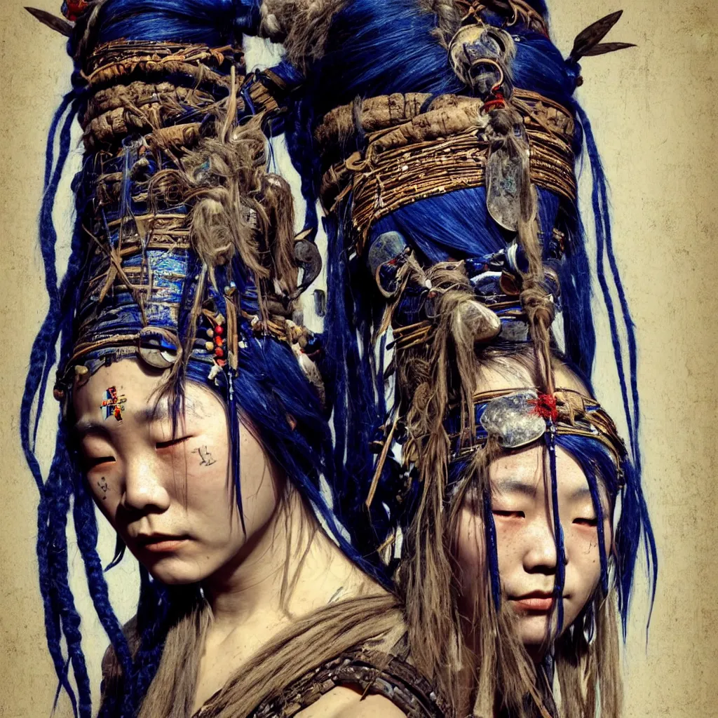 Image similar to A young blindfolded shaman japanese woman with a decorated headband performing a pagan ritual, in the style of heilung, blue hair dreadlocks and wood on her head, tribal piercing and tatoos , atmospheric lighting, intricate detail, cgsociety, ambient light, dynamic lighting, art by karol bak