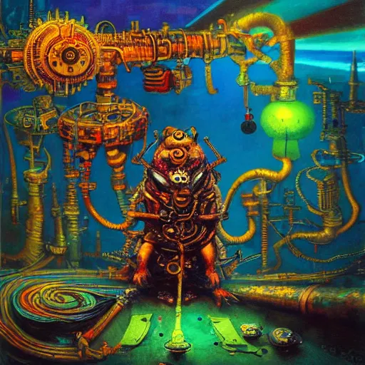 Image similar to steampunk rat, acid, 303, psychedelic, by paul lehr, cd cover for psytrance artist