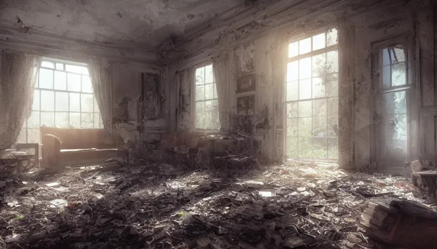 Image similar to abandoned 2 0's house with sunlight coming through old dusty windows, collapsed ceiling, dirt, old furnitures, hyperdetailed, artstation, cgsociety, 8 k