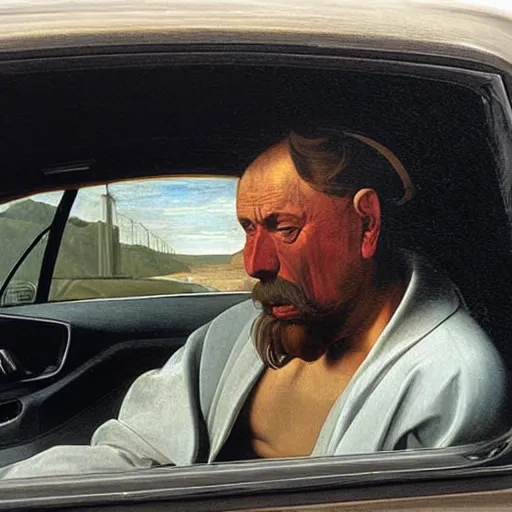 Image similar to a man in his car queuing in traffic, painted by caravaggio