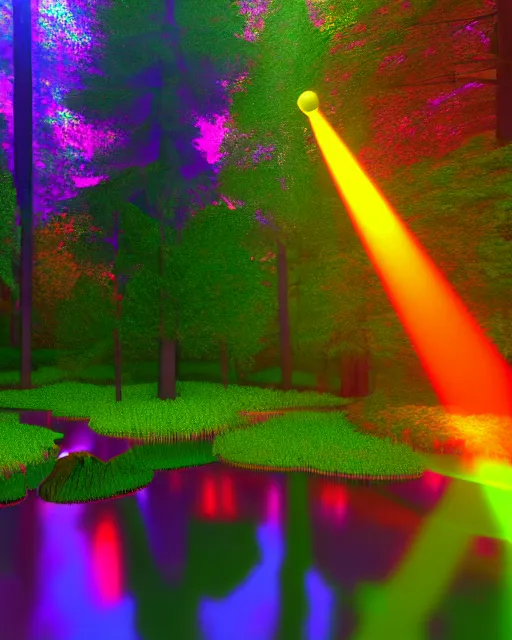 Image similar to mystical forest with a pond with a bright beam of light shining down through the clouds colorful trippy acid trip colorful 8 k 3 d sunshine rays volumetric lighting trending on artstation vray colorful