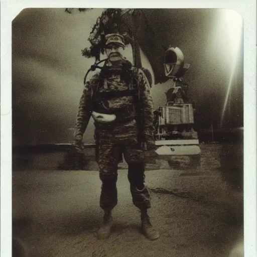 Image similar to polaroid photo of sponge bob in us military suit veteran of the vietnam war, underwater effect