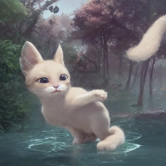 Image similar to a painting of a cute light beige kitten with dark brown ears and face and legs and tail and white paws at a river. character design by cory loftis, fenghua zhong, ryohei hase, ismail inceoglu and ruan jia. volumetric light, detailed, rendered in octane