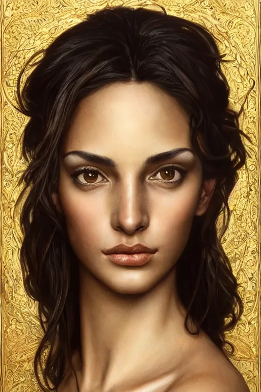 Image similar to Portrait of a Italian Supermodel, olive skin, long dark hair, beautiful bone structure, intricate, elegant, realistic face, highly detailed, digital painting, artstation, concept art, smooth, sharp focus, illustration, art by artgerm and greg rutkowski and alphonse mucha, embossed in gold leaf on black paper