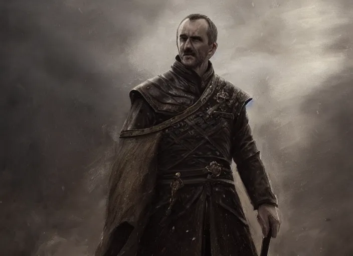 Image similar to cinematic artwork of Stannis Baratheon standing before the Bolton army, Game of Thrones, Battle of the Bastards by Greg Rutkowski, 4k, masterpiece