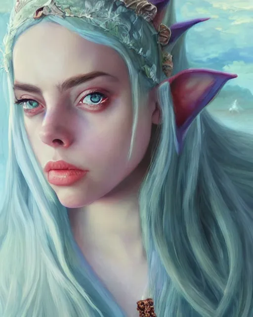 Prompt: billie eilish as a beautiful elf princess, oil painting, by laura sava