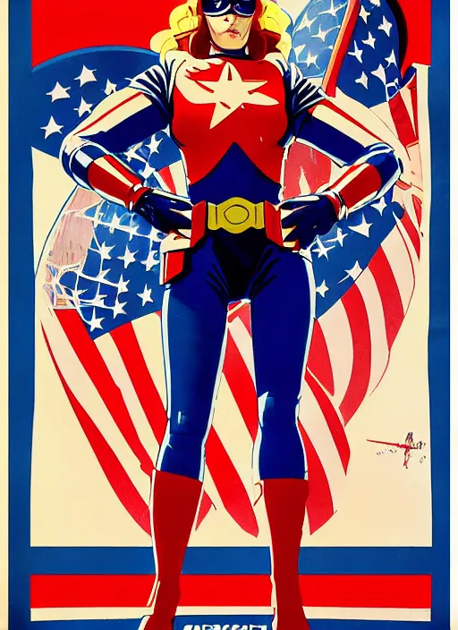 Prompt: patriotic american propaganda poster. cyberpunk female supersoldier. portrait by jean giraud and anton otto fischer and john philip falter and will eisner and gil elvgren and pixar. realistic proportions. character art. science fiction d & d. tf 2, overwatch, rb 6 s, cyberpunk 2 0 7 7, blade runner 2 0 4 9.