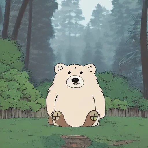 Prompt: a chubby, cute, bear, with 3 eyes, wearing a vest, in the woods, near a creek, studio ghibli, japanese, anime, cute, linework, 4 k