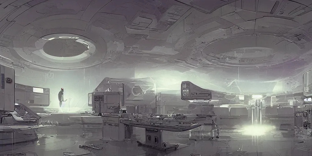 Prompt: circular spaceship medic room laboratory , thick mist, low ceiling, cables hanging from ceiling, thick cables on ground, god rays of light, huge computer screens, neons, saturated top light , epic scene, scifi, illustration, art by Juan Giménez and moebius