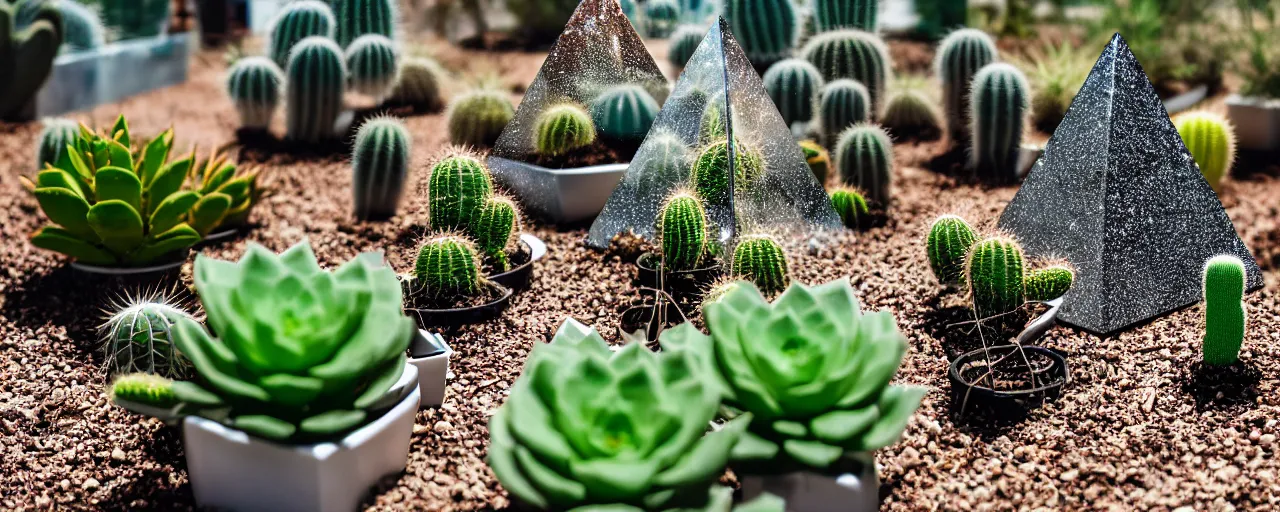 Prompt: electrostatic water condensation collector pyramid, irrigation, vertical gardens, cacti, in the desert, urban planning, futurism, concept art, XF IQ4, 150MP, 50mm, F1.4, ISO 200, 1/160s, natural light