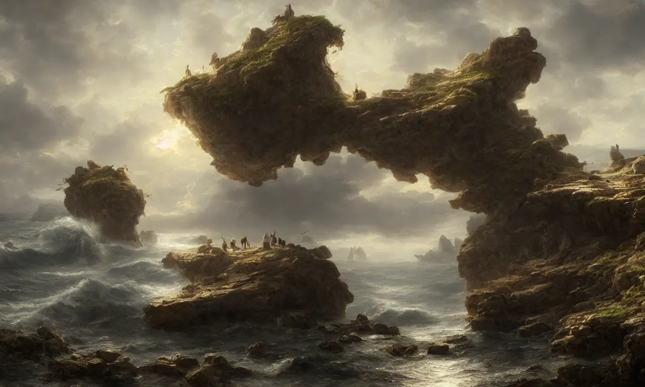 Prompt: crashing on the rocks of cursed island. andreas achenbach, artgerm, mikko lagerstedt, zack snyder, tokujin yoshioka