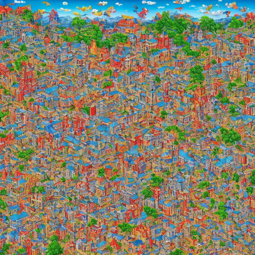 Image similar to an incredibly detailed masterpiece painting of a Where's Waldo puzzle of a chinese prison by bosch and lisa frank, ornate, beautiful, bold colors, detailed, high resolution, wow!, realistic, photorealism, intricate