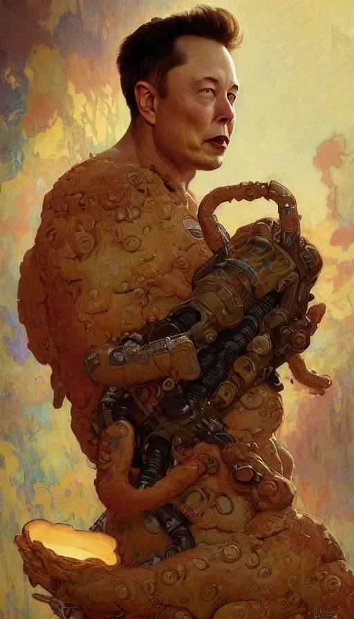 Prompt: elon musk as a rusk biscuit creature hybrid, gorgeous lighting by weta studio, mucha, bautista and norman rockwell and greg rutkowski and tom bagshaw and james gurney and lucasfilm