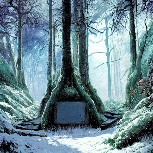 Image similar to stairs leading to a frozen derelict portal in a middle of a snowy lush futuristic forest, green lush world seen only through a portal, daylight, cinematic lighting, blue sky, syd mead, john harris