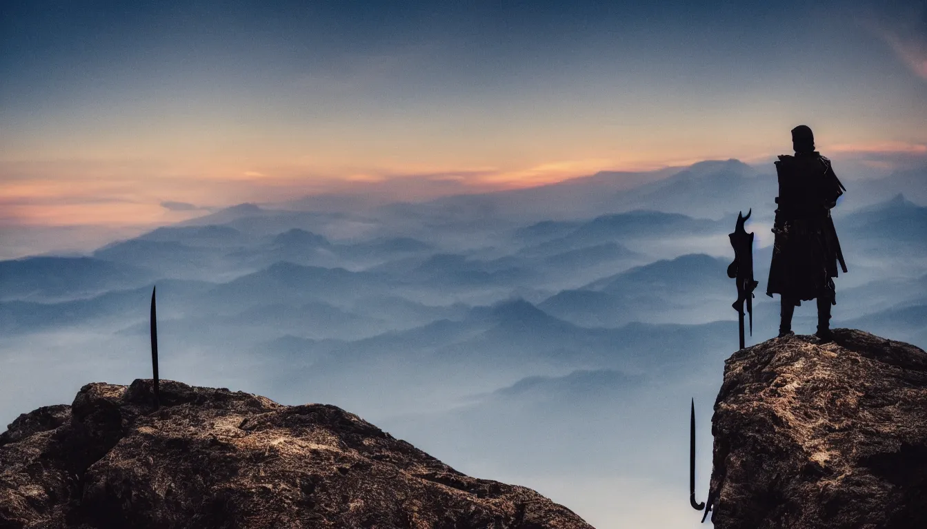 Prompt: shadow knight looking at the horizon on top of a mountain with a sword, close shot from the side, sunset, cinematic, epic, dark scenario, 8k, award winning,