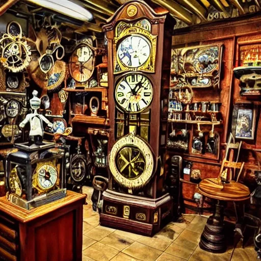Prompt: interior of a steampunk clock shop, father time, nautical wooden grandfather clocks everywhere, realistic, very intricate hyper detailed masterpiece by dr. seuss