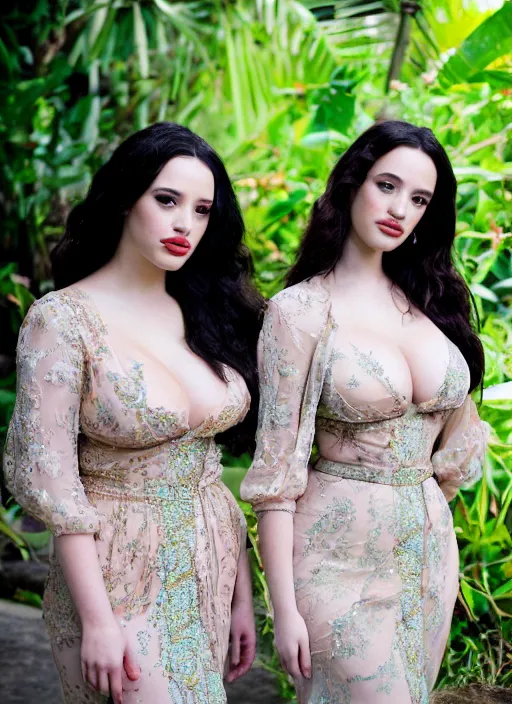 Prompt: portrait of demi rose and kat dennings wearing kebaya in bali, by charlotte grimm, natural light, detailed face, beautiful features, symmetrical, canon eos c 3 0 0, ƒ 1. 8, 3 5 mm, 8 k, medium - format print, half body shot