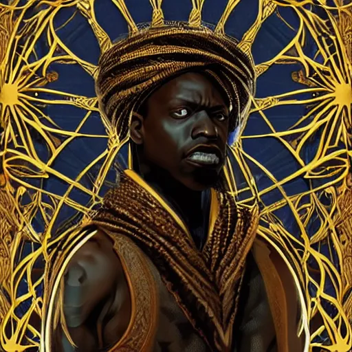 Image similar to symmetry!! an african moor wearing white robes and turban entering the voidspace. ornate, golden, steampunk stargate. front game card. marvel comics. dark. intricate. highly detailed. smooth. artstation. digital illustration by ruan jia, mandy jurgens, artgerm, wayne barlowe, greg rutkowski, and zdislaw beksinsk.