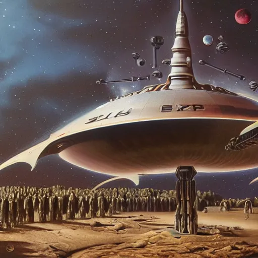 Prompt: By Jim bush and ed repka, air brush illustration, matte painting of a vintage alien ship landing on an alien planet, humans waiting for them in spacesuits on the ground, retro futuristic, science fantasy, symmetry accurate features, very intricate details, artstation