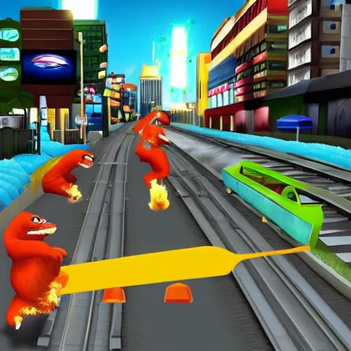 Prompt: Godzilla in the style of Subway Surfers