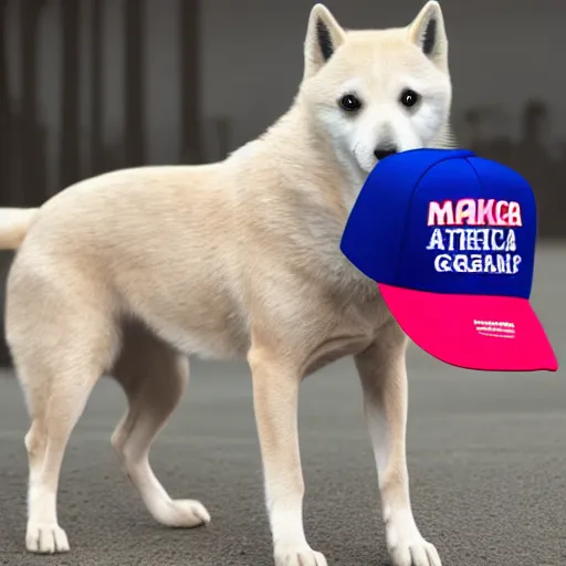 Image similar to doge wearing a make america great again cap, realistic, super detailed, wide shot, 8 k,