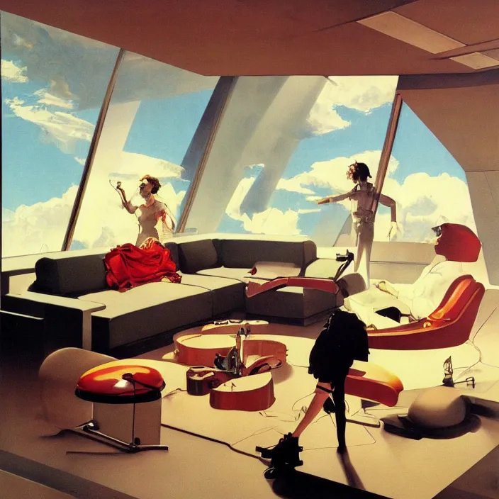 Image similar to a futuristic minimalist lounge room with a big window opening up to a wide open meadow with billowing clouds in the sky. highly detailed science fiction painting by norman rockwell, frank frazetta, and syd mead. rich colors, high contrast, gloomy atmosphere. trending on artstation.