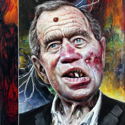 Image similar to George Bush, hyper-realistic oil painting, Body horror, biopunk, by Ralph Steadman, Francis Bacon, Hunter S Thompson