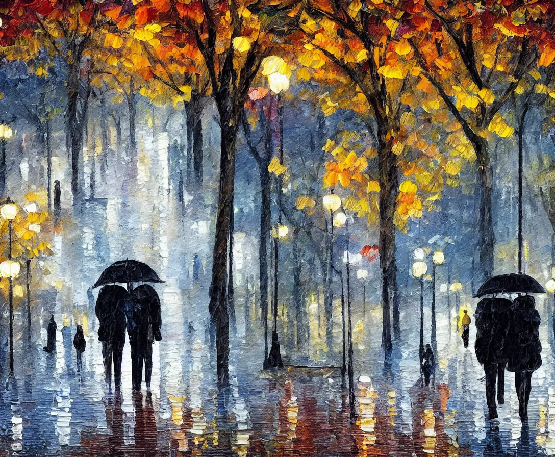 Image similar to a couple walking in the park, oil painting, night time, new york city, trees, fall season, rain, wet walkway, park bench, street lights, soft tones