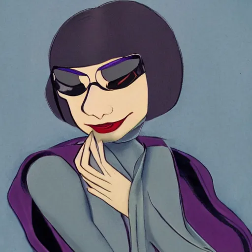 Prompt: edna mode wearing a cape, art nouveau, beautiful