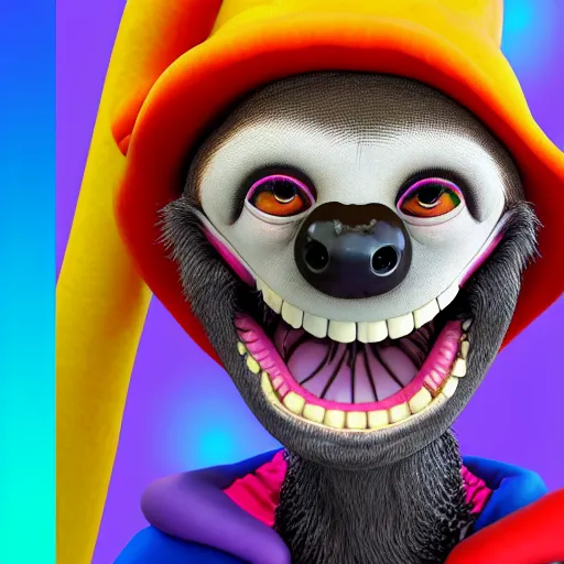 Prompt: a detailed 3 d render of a laughing pete davidson poorly disguised as a sloth in the style of junji ito and lisa frank, vray, 8 k, ornate, photorealistic, zbrush, unreal engine, cinema 4 d, octane renderer