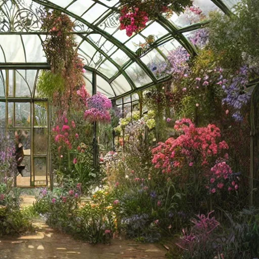 Prompt: a beautifull intricate greenhouse with many flowers, reflexions, verry high details by william turner art, greg rutkowski and alphonse mucha, trending on artstation, very very detailed, masterpiece, - h 1 2 8 0 - w 6 4 0