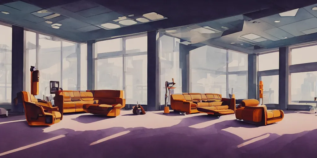 Image similar to a beautiful illustration of futuristic interior hall, lots of furniture, sofa, waiting room, big medium small, sacred geometry, golden ratio, in watercolor gouache detailed paintings, in style of syd mead, trending on artstation,8k, panel, hard surface, vent, zaha hadid, props, plant, cozy,decoration around the room, simon stalenhag, deus ex