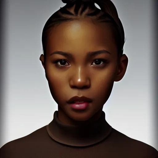 Prompt: a photorealistic hyperrealistic, bright brown eyes, light skinned african young girl, ponytail hair, flawless face, asian eyes, cute face, black turtle neck shirt, by wlop, artgerm, greg rutwoski, alphonse mucha, beautiful dynamic dramatic low - light moody lighting, cinematic atmosphere, artstation, concept design art, octane render, 8 k