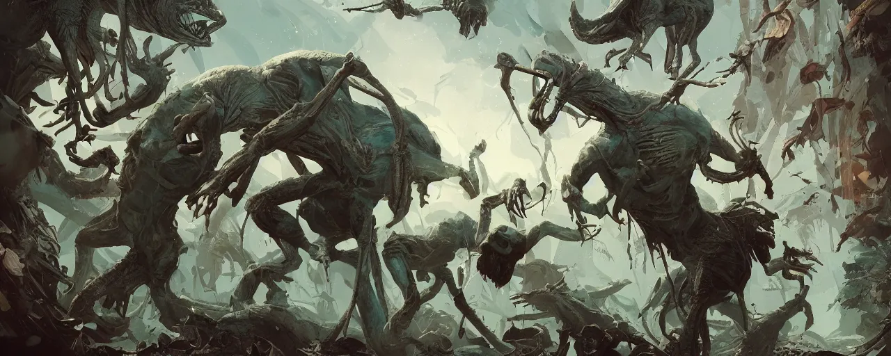 Image similar to duotone olive mutagen illustration 3 / 4 portrait of gollum kung fu fighting with dinosaurs skeletons chaotic composition accidental renaissance golden ratio. by sachin teng and sergey kolesov and ruan jia and heng z. graffiti art, scifi, fantasy, hyper detailed. octane render. concept art. trending on artstation