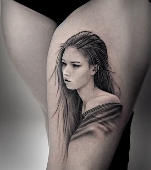 Image similar to a beautiful girl portrait at amazing nature and mountains, realism tattoo design, in the style of den yakovlev, black and white, hyper realistic, highly detailed