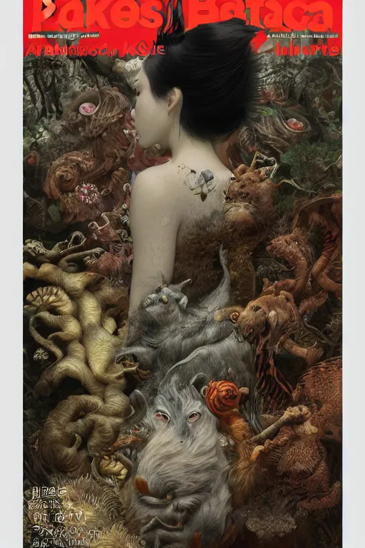 Image similar to a cover of japanese art magazine about animal creatures bio by illustrated by miyazaki by karol bak, james jean, tom bagshaw, rococo, sharp focus, trending on artstation, cinematic lighting, hyper realism, octane render, 8 k, hyper detailed, vivid, ultra detailed, highly detailed