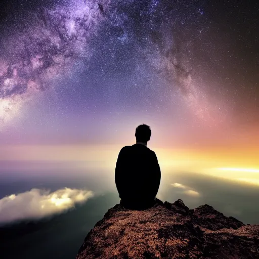 Image similar to 4K ultra HD detailed award-winning wallpaper of silhouette of man sitting on top of mountain cliff looking at huge vast sky storm Milky way