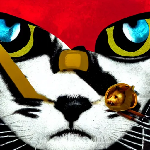 Prompt: extreme wide shot of a pirate cat, wearing an eye patch, pop surrealism, pop art, digital art. by Andy Warhol, wide shot, 4K, trending on artstation