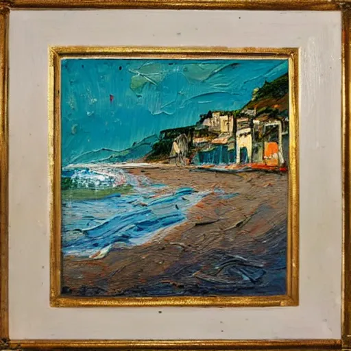 Image similar to oil paint impasto relief, beautiful italian beach scene, multi layered thick brush marks, some splattered paint, in the style of francis bacon and van gogh