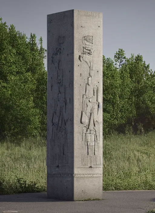 Image similar to highly detailed realistic architecture 3 d render of a concrete stele monument in frank gahry style standing on a side of a highway, archdaily, made in unreal engine 4 octane render