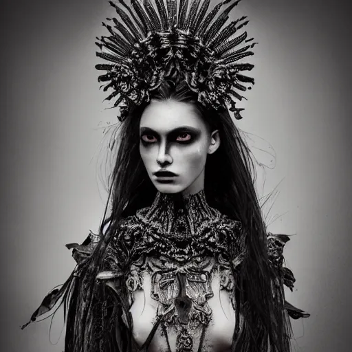 Image similar to a portrait of female model by stefan geselle and nekro borja, photorealistic, intricate details, hyper realistic, dark fantasy, ornate headpiece, dark beauty, photorealistic, canon r 3, photography, wide shot, photography, dark beauty, symmetrical features, wide angle shot, whole body, full body shot, 3 / 4 shot