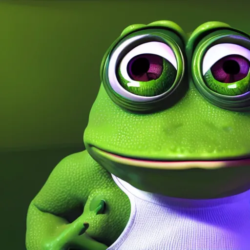 Image similar to pepe the frog, photorealistic render with cinematic lighting by beeple, cinema octane, unreal engine, 8 k