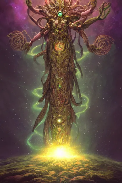 Prompt: yggdrasil as an enormous sentient deity of the stars made of exotic matter resides inside null space, a dnd illustration of an esoteric concept by cgsociety and james gurney, artstation, hdr, rtx, iridescent