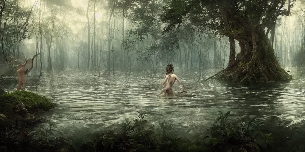 Prompt: forest nymph rising from the water. view from behind, back view. nuri iyem, james gurney, james jean, greg rutkowski, anato finnstark. award winning photography, cinematic, beautiful light