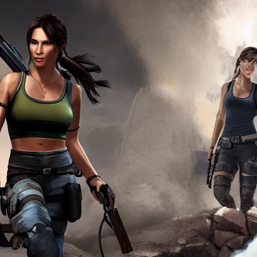 Prompt: Film still of Lara Croft, from Grand Theft Auto V (2013 video game)